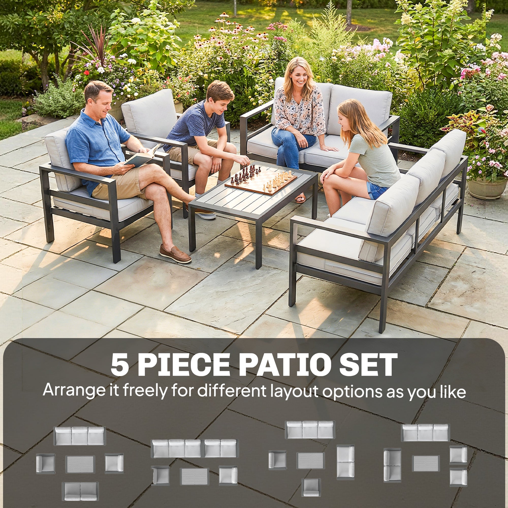 Outsunny 5 Pieces Aluminium Garden Furniture Set with Olefin Cushions, Extra Deep Outdoor Garden Sofa Set, Dark Grey 
