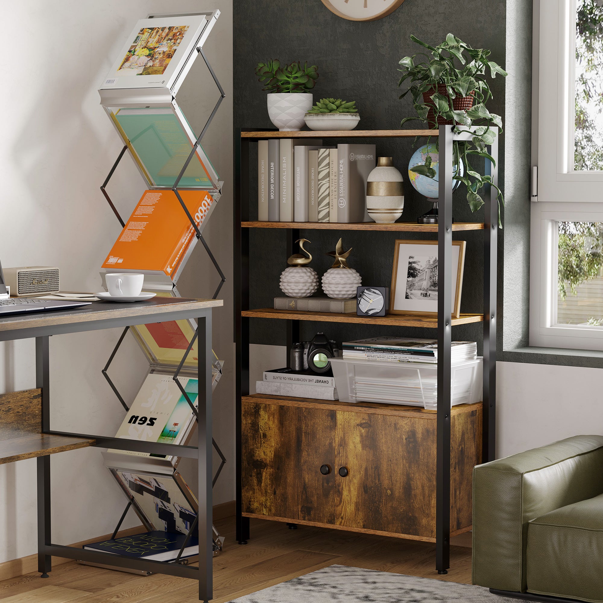 HOMCOM Industrial Bookshelf, Storage Cabinet with 3-Tier with Doors, for Home Office, Living Room Rustic Brown 