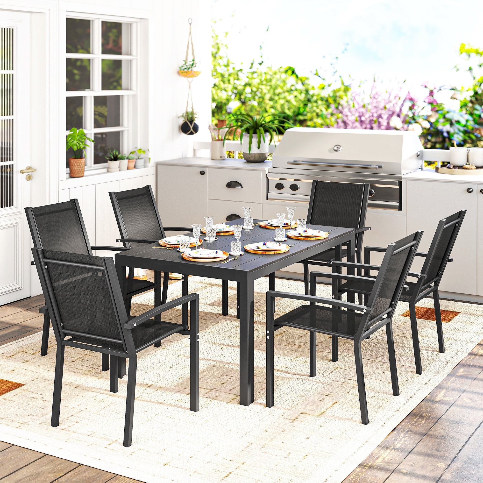 Outsunny Seven-Piece Garden Dining Set, with Plastic Wood-Top Table - Black 
