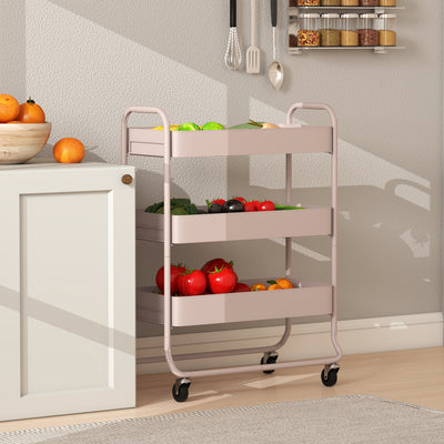 HOMCOM 3-Tier Storage Trolley on Wheels, Rolling Utility Cart with Mesh Backets for Kitchen, Bathroom, Bedroom, Light Pink 