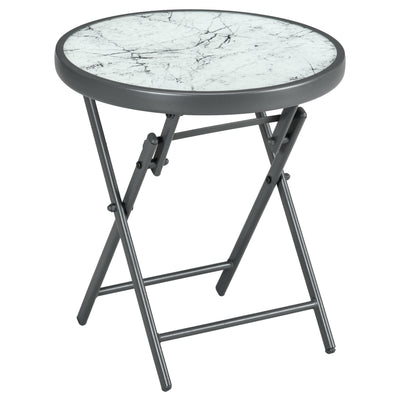 Outsunny \'ce\'a645cm Garden Side Table, Outdoor Round Folding Patio Table with Imitation Marble Glass Top, Small Coffee Table, White 