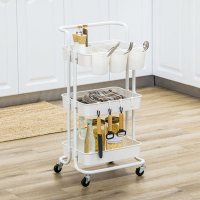 HOMCOM Three-Tier Home Trolley, with Handle and Wheels - White 