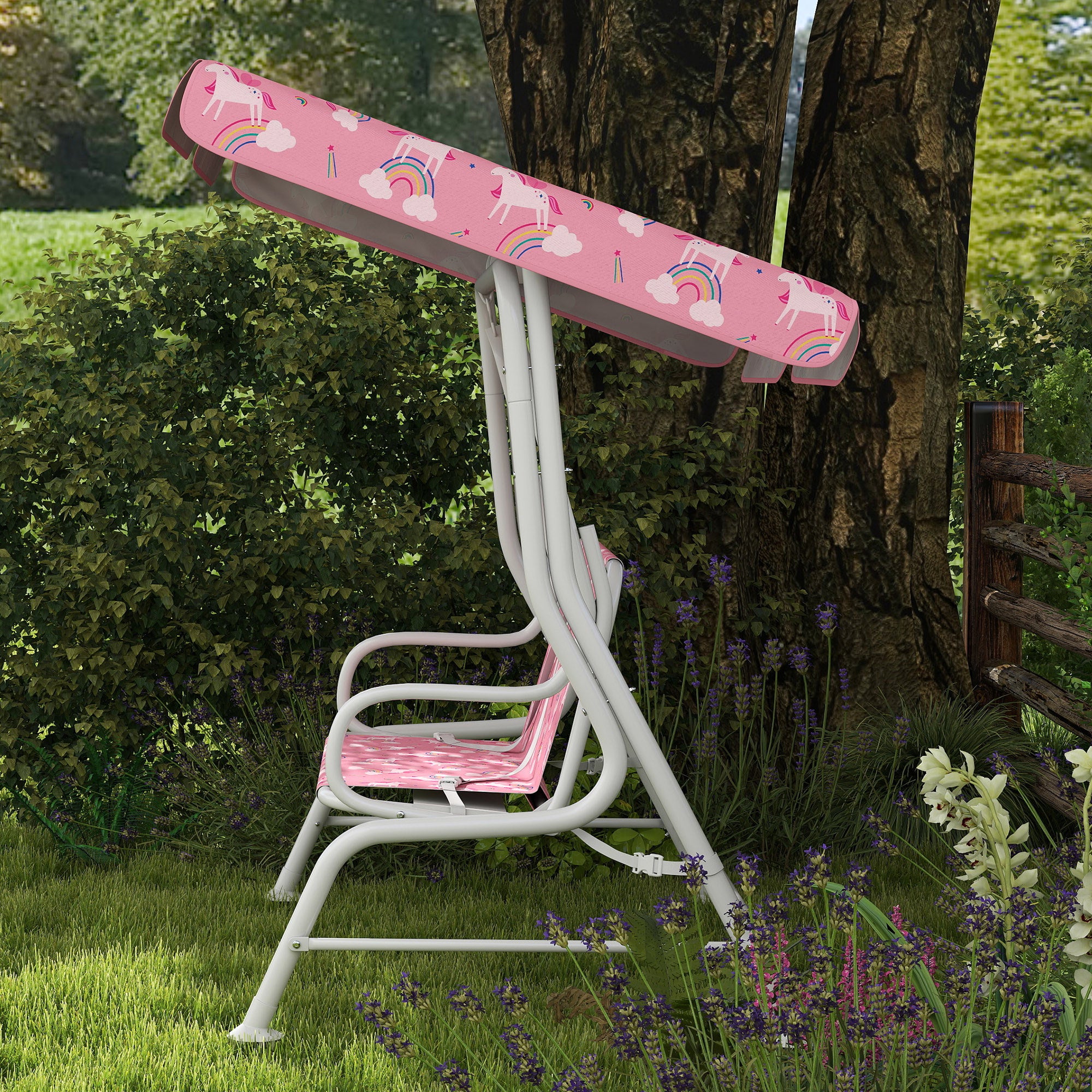 AIYAPLAY Kids Porch Swing, 2-Seater Patio Swing Bench Hammock with Seat Belts, Adjustable Canopy for Garden, Pink 