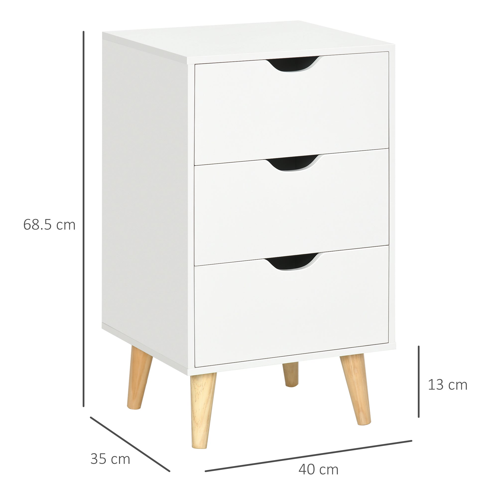 HOMCOM Set of 2 Bedside Tables, Modern Nightstand Side End Table with 3 Storage Drawers and Solid Pine Wood Legs for Bedroom Living Room Entryway, White 