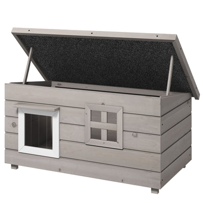 PawHut Wooden Outdoor Cat House, Elevated Cat Shelter Kennel, Pet Play House with Openable Top, Asphalt Roof, Window, Grey 