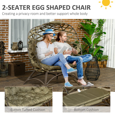 Outsunny 2 Seater Egg Chair Outdoor, Folding Weave Garden Furniture Chair with Cushion, Cup Pockets - Khaki 