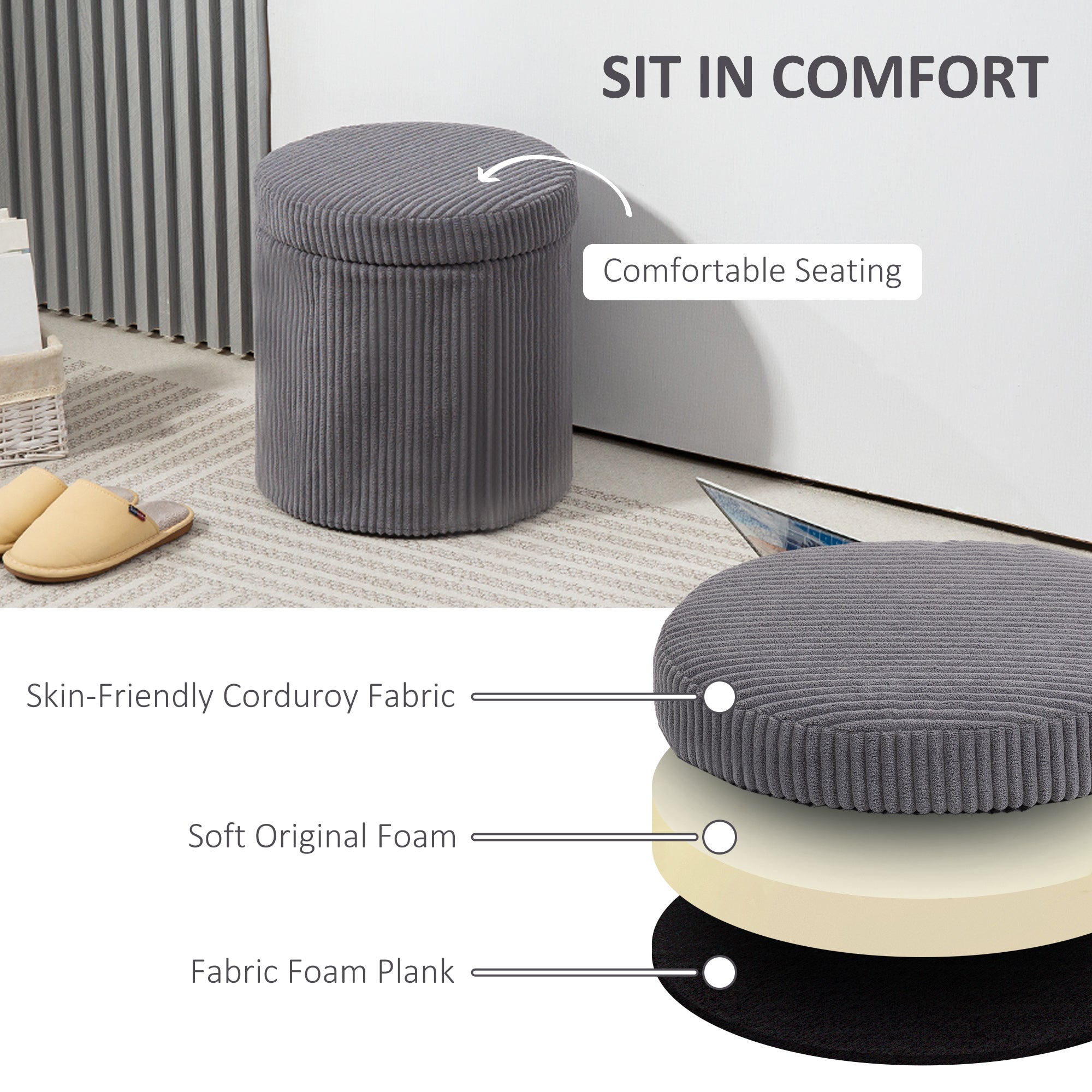 HOMCOM 40cm Round Storage Ottoman, Corduroy Footstool with Removable Lid and Legs, Vanity Stool for Living Room, Bedroom, Grey 