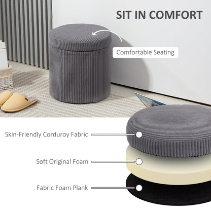 HOMCOM 40cm Round Storage Ottoman, Corduroy Footstool with Removable Lid and Legs, Vanity Stool for Living Room, Bedroom, Grey 