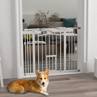 PawHut Pressure Fit Stair Dog Gate w/ Small Cat Door, Automatic Closing Door, Double Locking, for 74-100cm Openings - White 