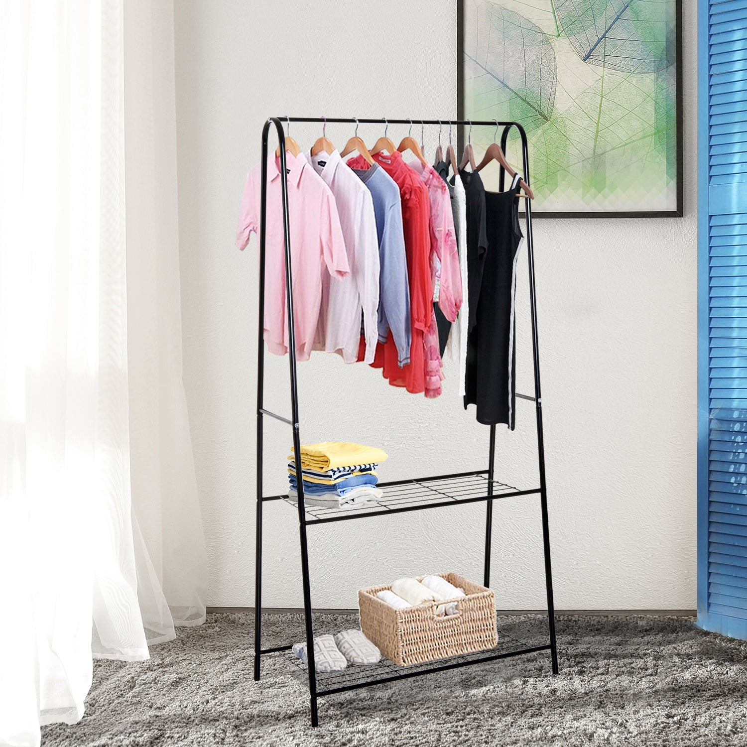 HOMCOM Metal Clothes Rack Coat Garment Hanger Hallway Organiser Hanging Rail Stand 2-tier Shoe Shelving A Shaped 77L x 45W x 153H cm Black 