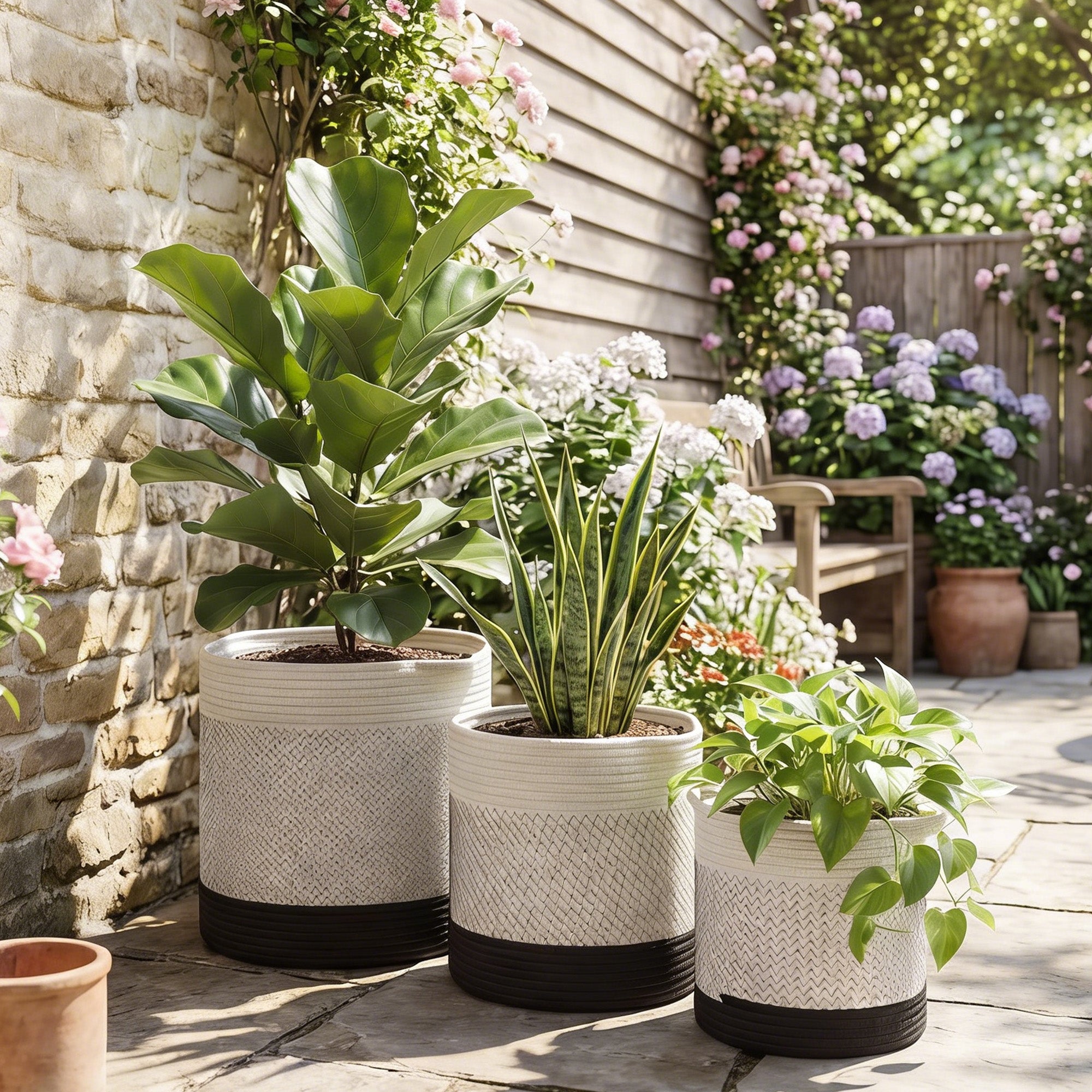 Outsunny Plant Pots Handwoven Cotton Indoor Planters with Waterproof Liner Set of 3 White 