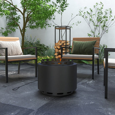Outsunny Smokeless Fire Pit, 48.5cm Portable Wood Burning Firepit with Poker for Garden Camping Bonfire Party, Metal, Black 