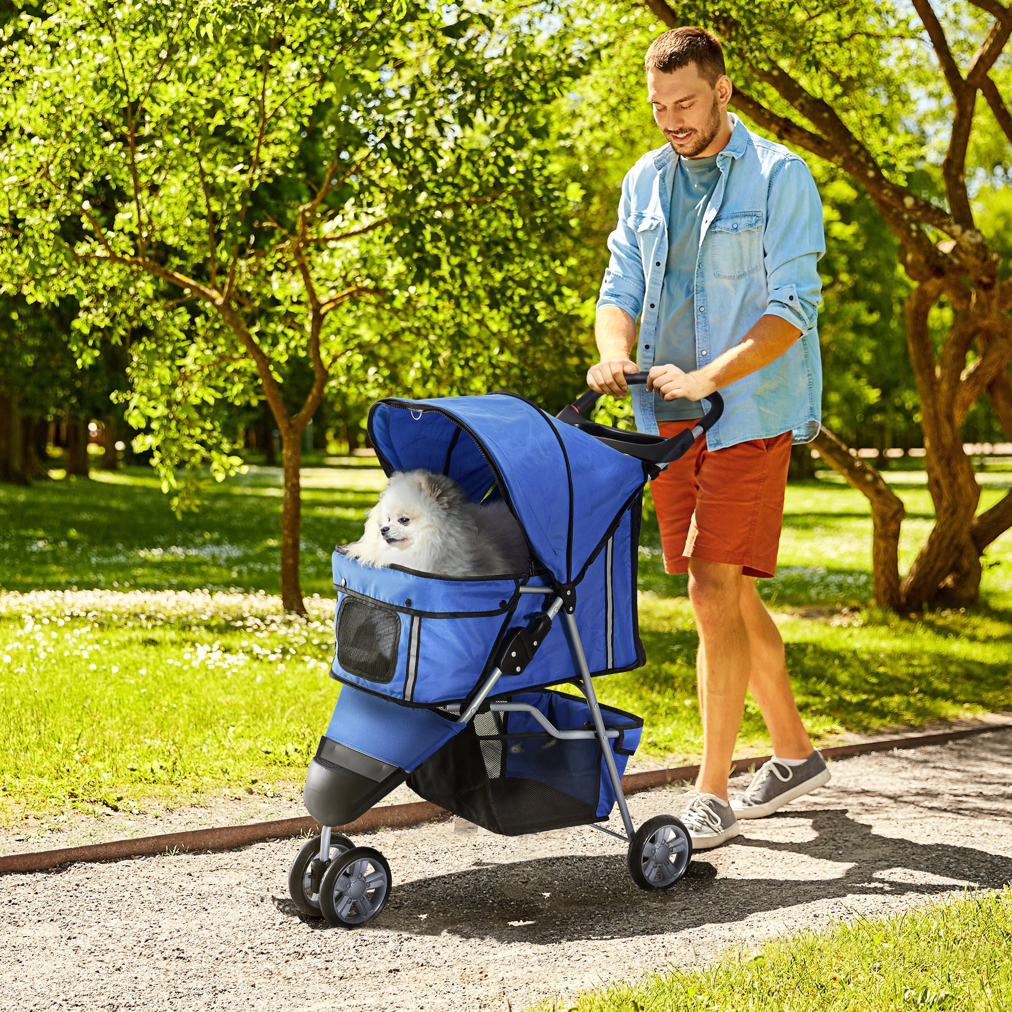 PawHut Dog Stroller, 3 Wheels Foldable Cat Dog Pram with Cup Holder, Storage Basket, Pet Stroller for Small Miniature Dogs, Blue 