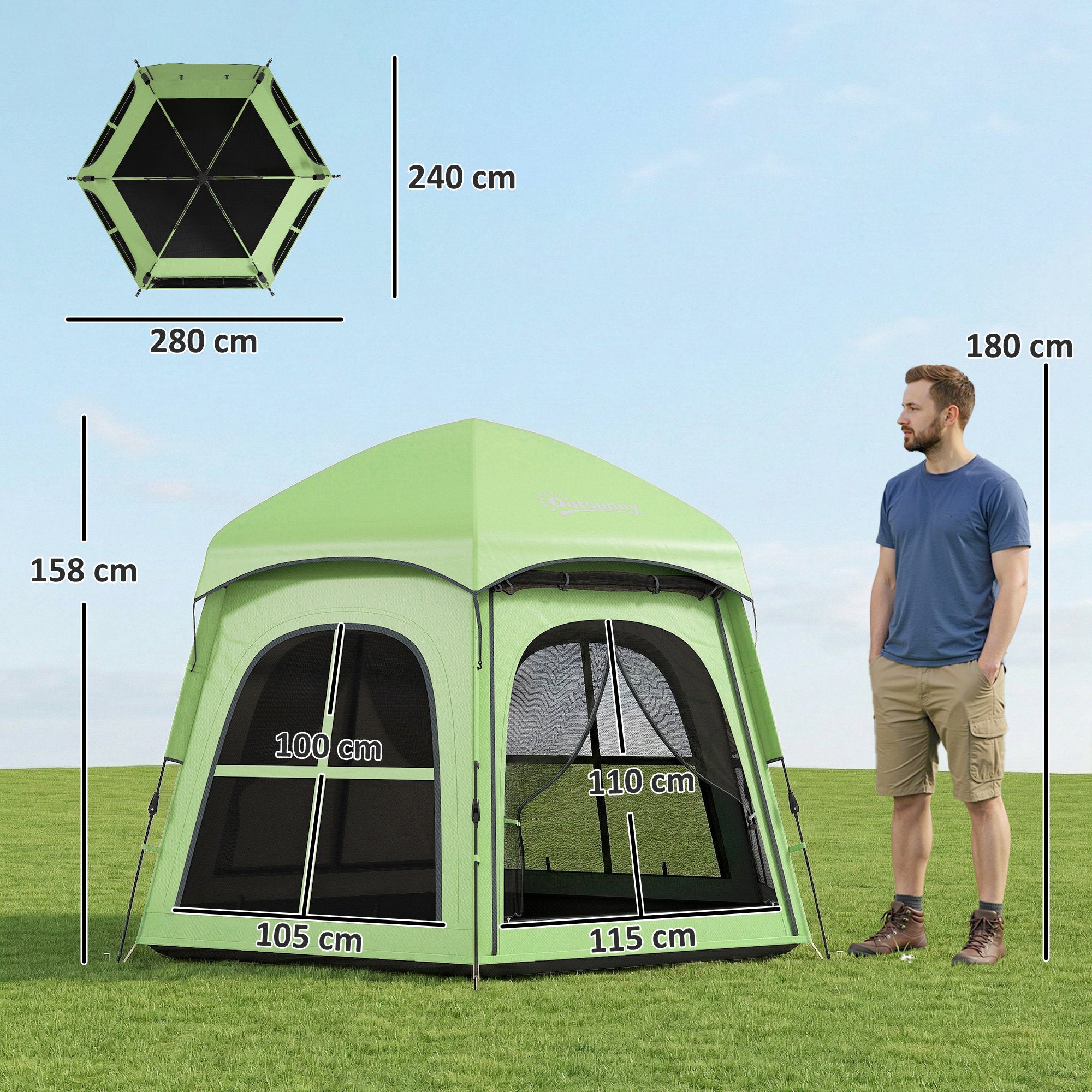 Outsunny Pop Up Tent 3000mm Waterproof Instant Camping Tent 3-4 Person with 2 Doors 4 Windows Green 