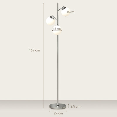 HOMCOM 3-Light Tree Floor Lamps for Living Room, Modern Standing Lamp for Bedroom with Globe Lampshade, 3000K/4000K/6000K Colour Temperatures, Steel Base, Silver Tone 