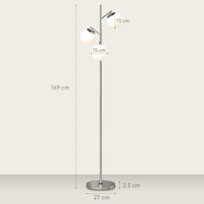 HOMCOM 3-Light Tree Floor Lamps for Living Room, Modern Standing Lamp for Bedroom with Globe Lampshade, 3000K/4000K/6000K Colour Temperatures, Steel Base, Silver Tone