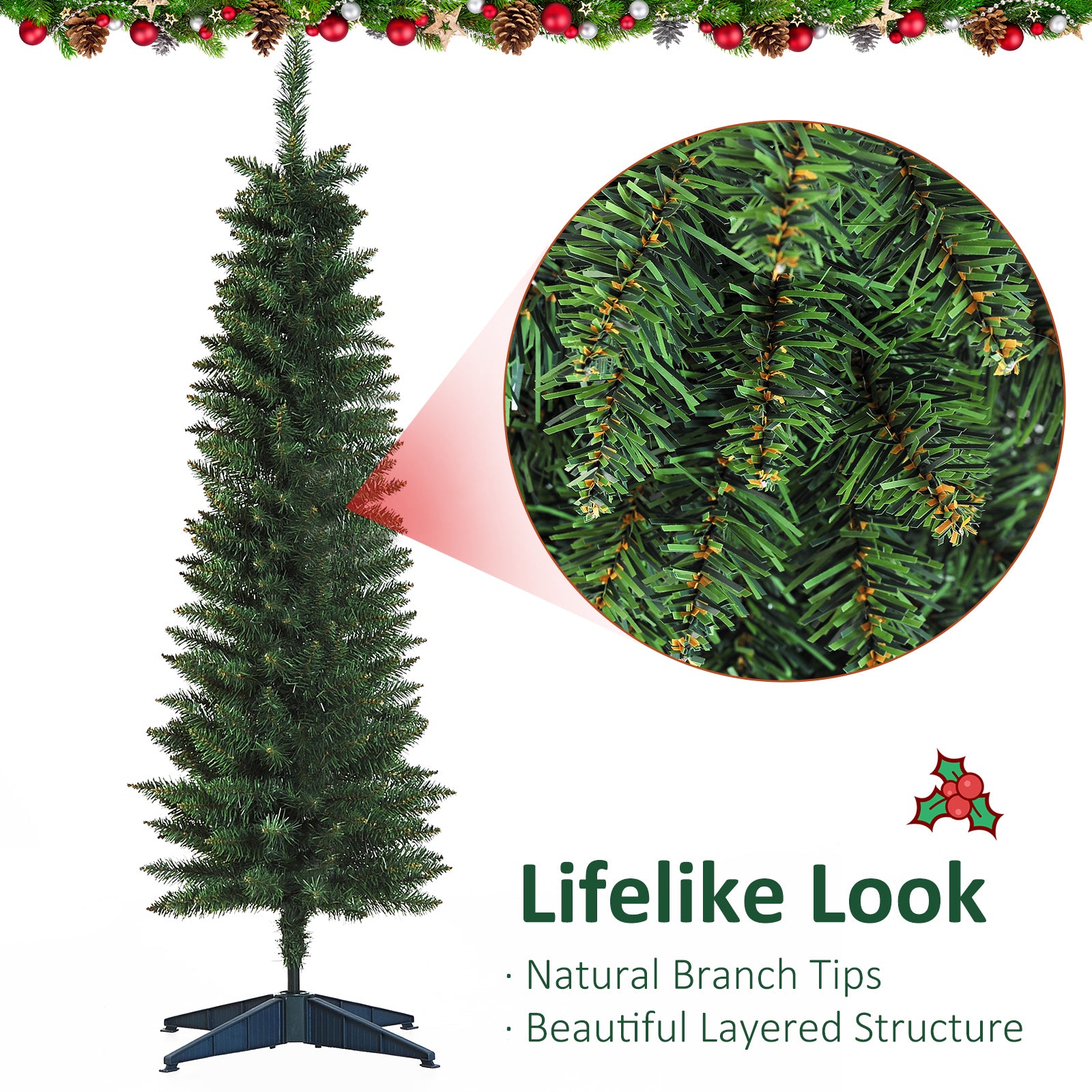 HOMCOM 5ft Unlit Artificial Christmas Tree, Pencil Slim Xmas Tree with Solid Stand and Realistic Branches, Green 