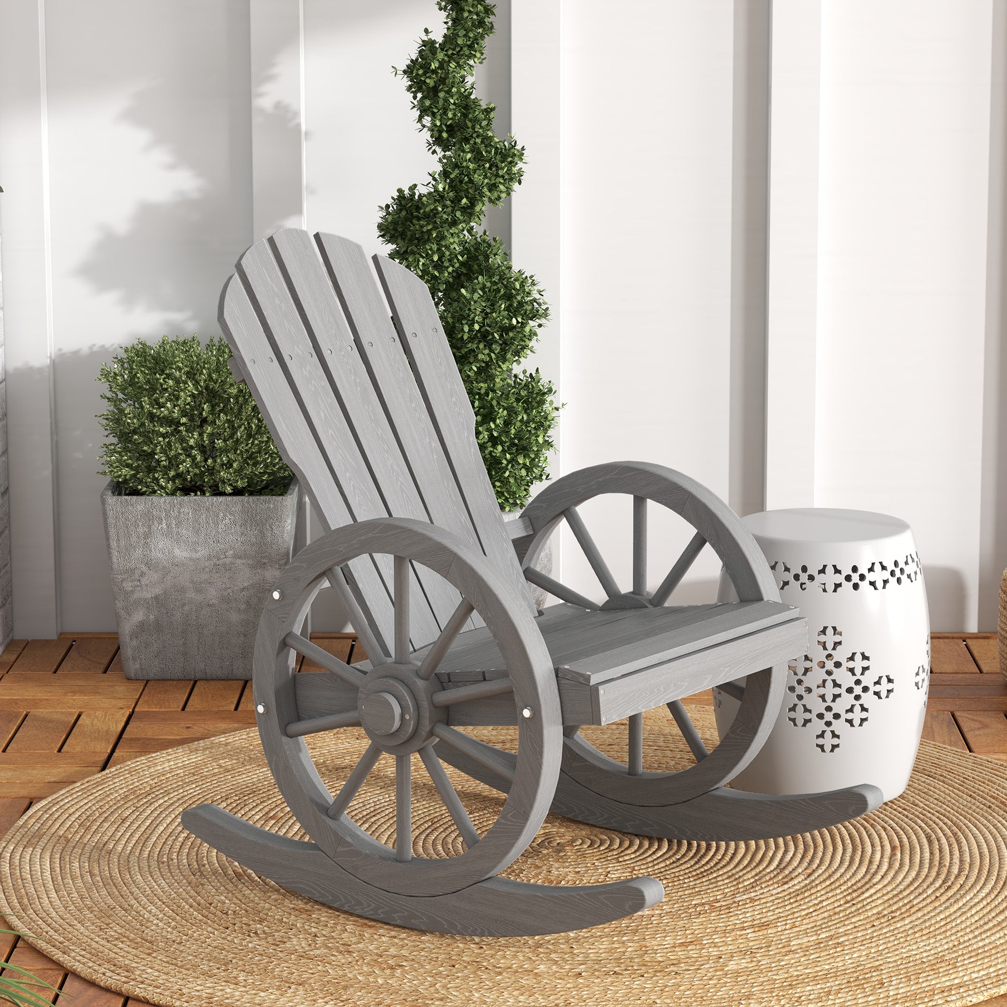 Outsunny Wooden Adirondack Rocking Chair Reclining Armchair Outdoor Garden Furniture Patio Porch Rocker - Grey 