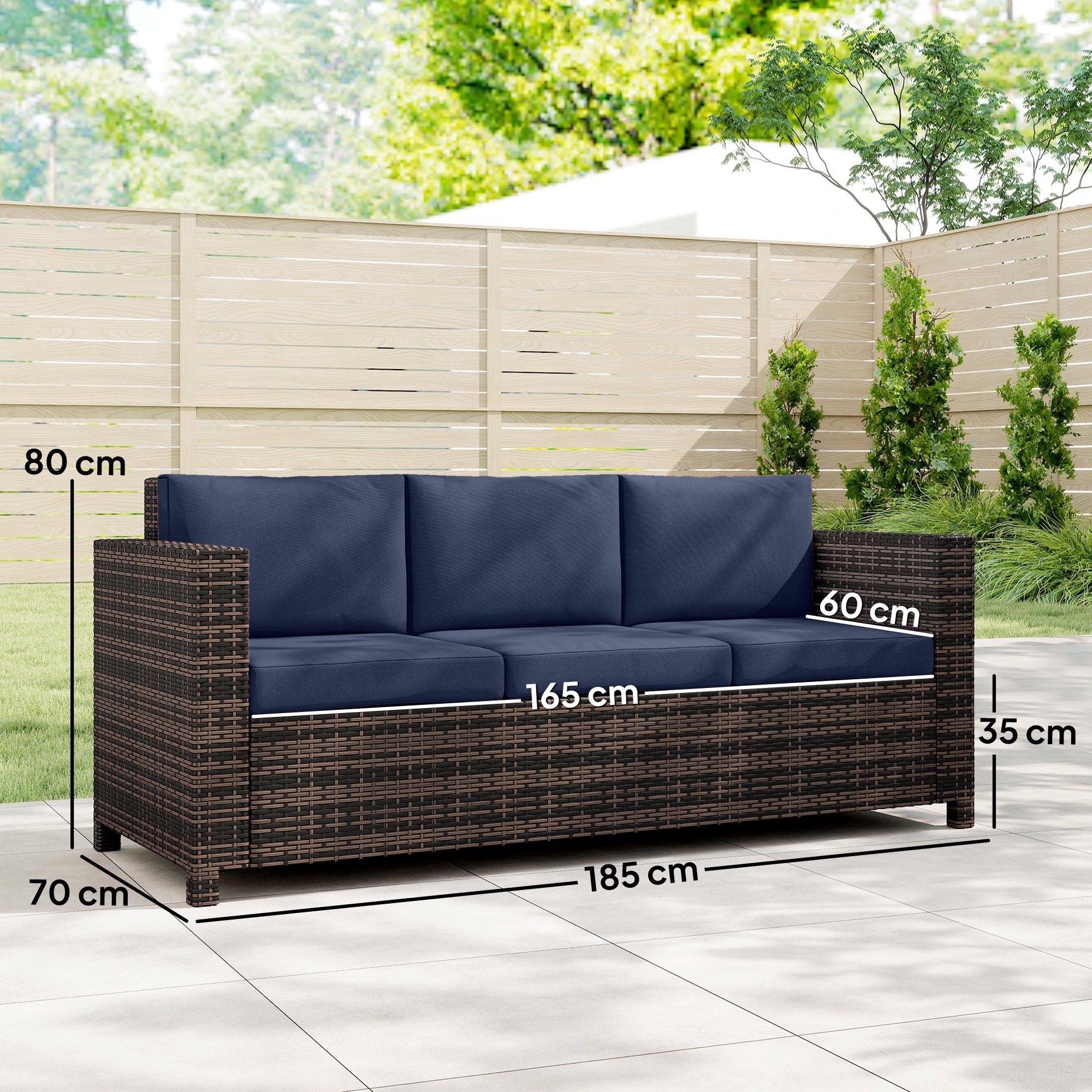 Outsunny 3 Seater Rattan Sofa All-Weather Wicker Weave Metal Frame Chair with Fire Resistant Cushio-Dark Blue 