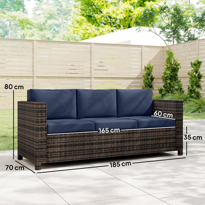 Outsunny 3 Seater Rattan Sofa All-Weather Wicker Weave Metal Frame Chair with Fire Resistant Cushio-Dark Blue 