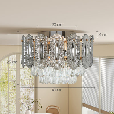 HOMCOM Chandelier Ceiling Light, 3-Light Flush Mount Fixture with Dual Crystal and Smoke Glass Shade, 40 cm LED Ceiling Light for Living Room Bedroom, 3 E14 Sockets, Bulbs Not Included, Gold Tone 