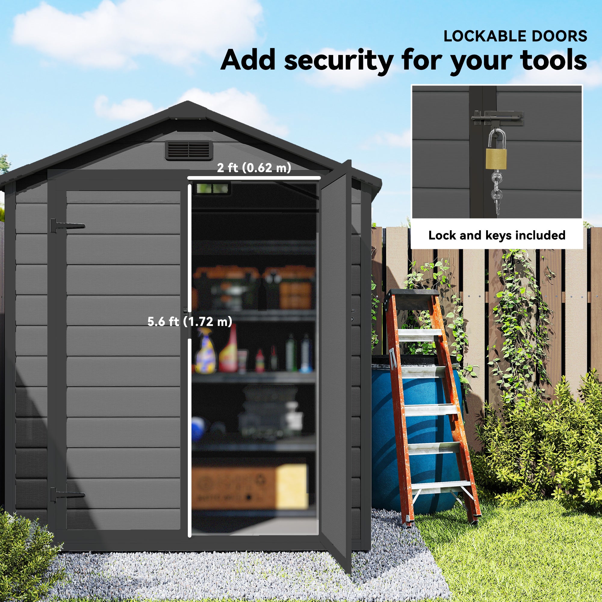 Outsunny 6'x4.5' Garden Storage Shed, Lockable Garden Shed with Double Doors, Window, Vent and Plastic Roof, Dark Grey 