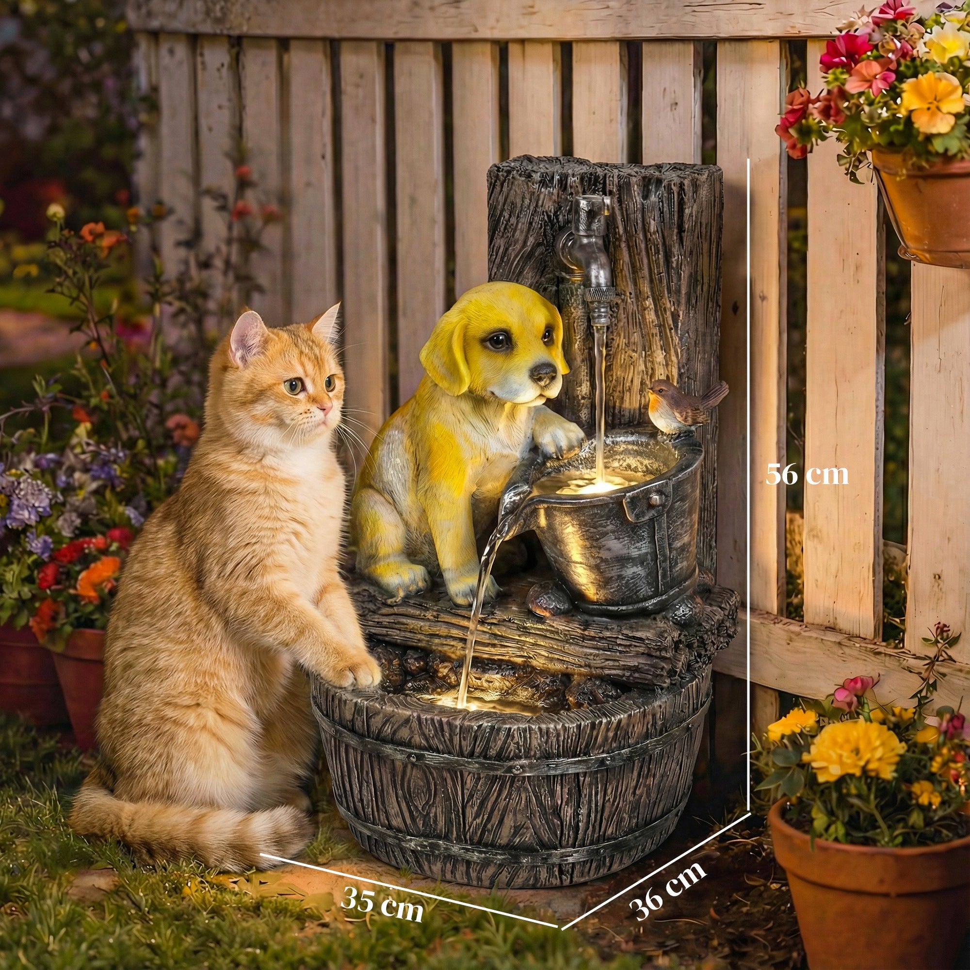 Outsunny Garden Water Feature with 3-Tier Rustic Puppy Design, Freestanding Resin with LED Lights, Adjustable Flow, Rustic Brown 