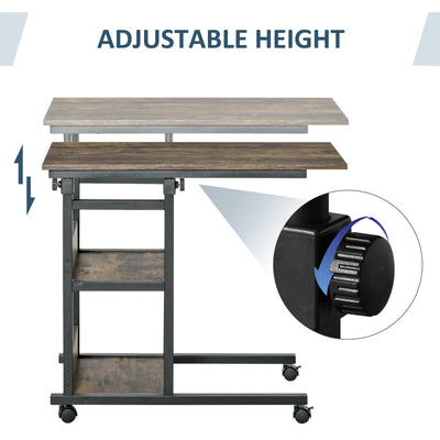 HOMCOM C-Shaped Side Table Industrial Mobile Rolling End Desk with 3-Tier Storage Shelving, Adjustable Height, Wheels 