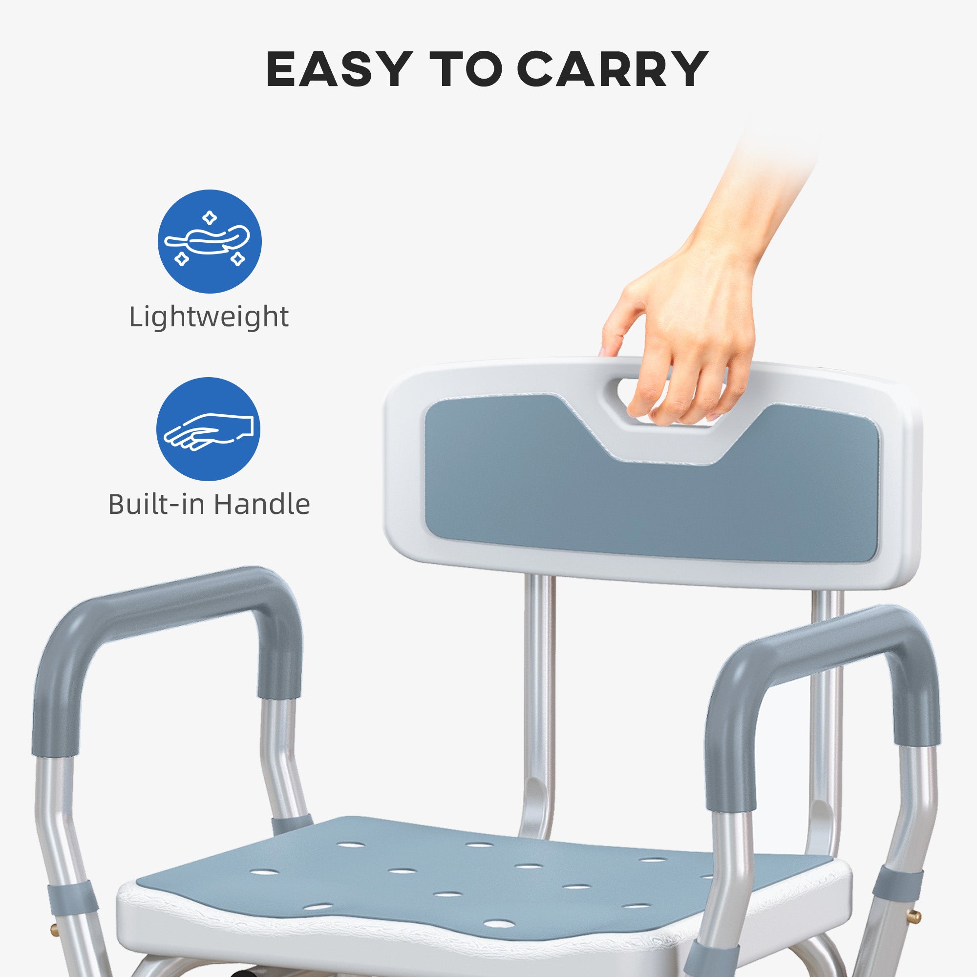 HOMCOM EVA Padded Shower Chair for the Elderly and Disabled, Height Adjustable Shower Stool with Back and Arms, 4 Suction Foot Pads, Light Blue 
