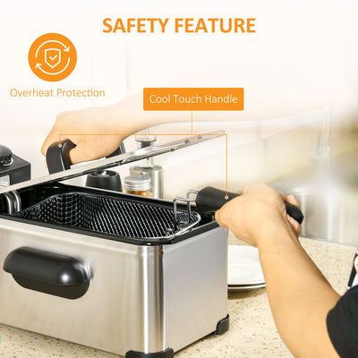 HOMCOM 3 Litre Stainless Steel Deep Fat Fryer with Adjustable Temp, 60min Timer, Viewing Window and Safety Cut Out, 2000W 