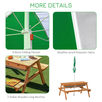 Outsunny Kids Picnic Table with Benches, Wooden Sand and Water Table, Adjustable Parasol, Storage Bins, for Kids 3-6 Years, Brown 