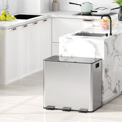 HOMCOM 3 x 15L Pedal Bin, Steel Triple Kitchen Bin with Soft Close Lid, Removable Inner Buckets, Fingerprint-Proof, Silver 
