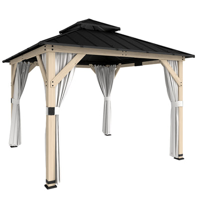 Outsunny 3 x 3 m Outdoor Hardtop Gazebo Canopy with 2-Tier Steel Roof, Wood Garden Gazebo with Curtains, Light Grey 