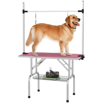PawHut 42" Dog Grooming Table, Adjustable Pet Cat Drying Beauty Table with 2 Loops Storage Basket, Rubber Top, Pink 