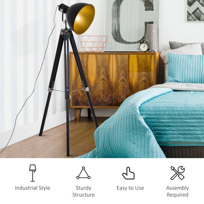 HOMCOM Tripod Floor Lamp, Spotlight Reading Lamp w/ Adjustable Height, Angle, Wood Legs for Living Room, Bedroom, Home, Office, Black and Gold 