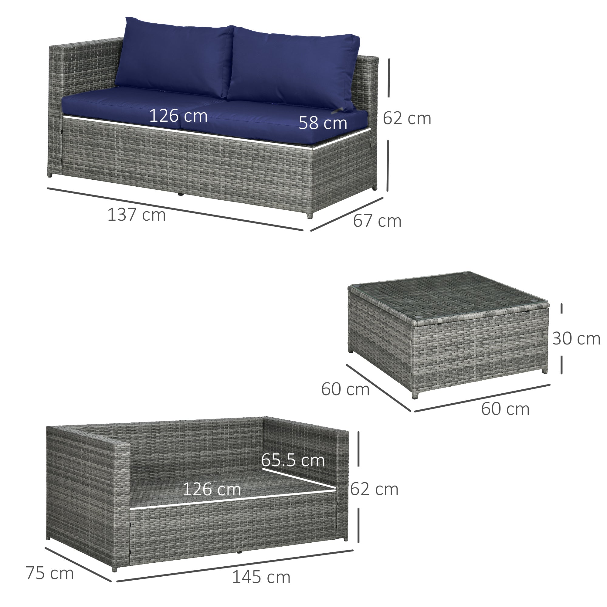 Outsunny 3 Pieces PE Rattan Garden Furniture Set with 10 cm Thick Cushions, 4 Seater Garden Corner Sofa Set with Glass Top Coffee Table, Outdoor Furniture for Patio, Porch, Blue 