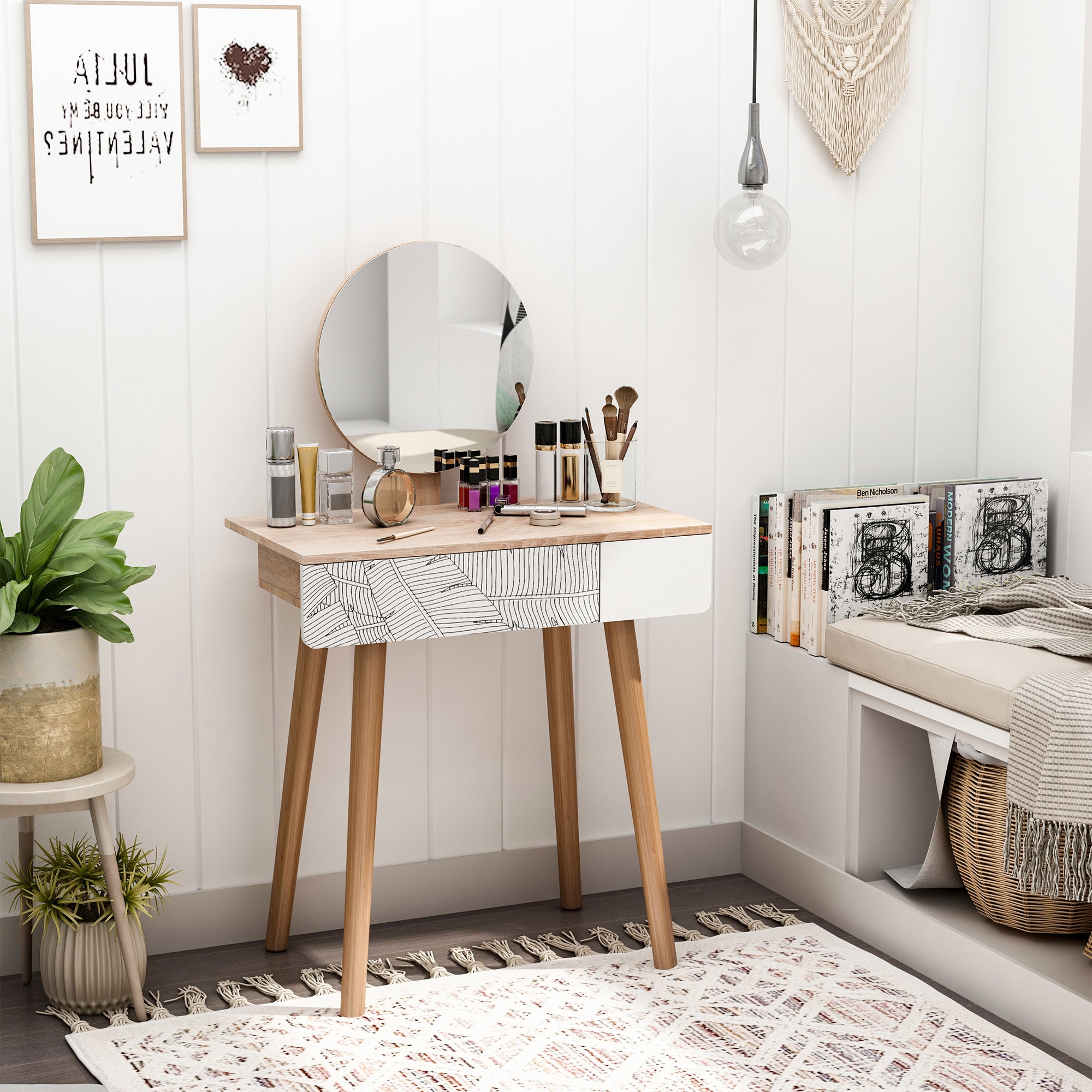 HOMCOM Dressing Table with Drawer and Mirror height adjustable Wooden Oak Color  Bedroom Dressing Room Elegant and Durable 