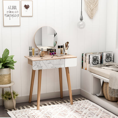 HOMCOM Dressing Table with Drawer and Mirror height adjustable Wooden Oak Color  Bedroom Dressing Room Elegant and Durable 