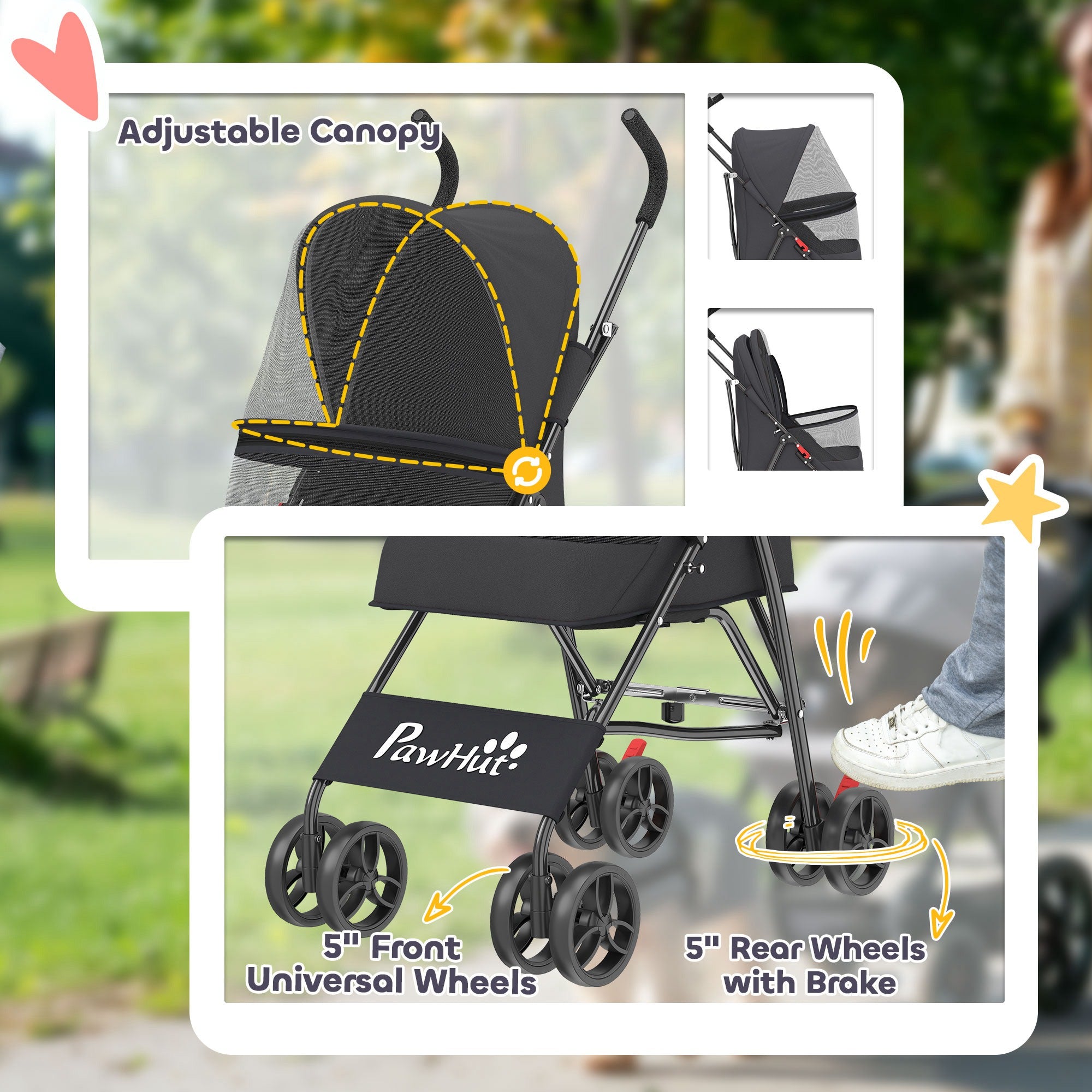 PawHut Dog Stroller, Foldable Cat Dog Pram for Miniature Breeds, Pet Stroller with Brake, Mesh Windows, Black 