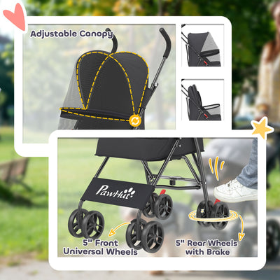 PawHut Dog Stroller, Foldable Cat Dog Pram for Miniature Breeds, Pet Stroller with Brake, Mesh Windows, Black 