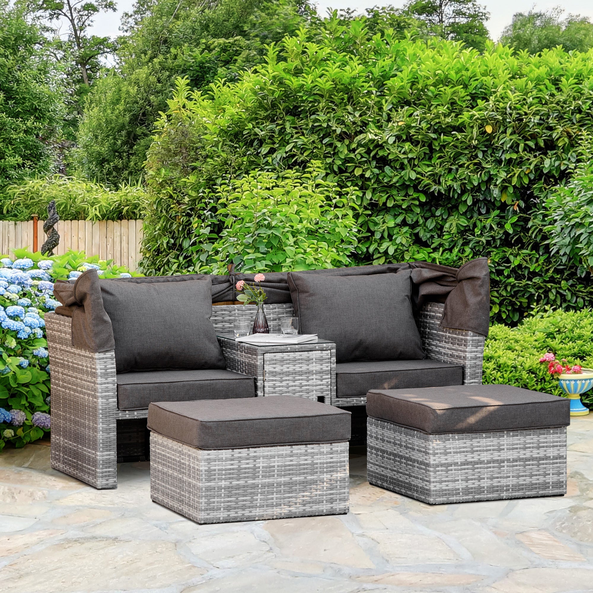Outsunny 2-Seater Outdoor Rattan Daybed Sofa Footstool Coffee Table Set w/ Canopy, Cushion 