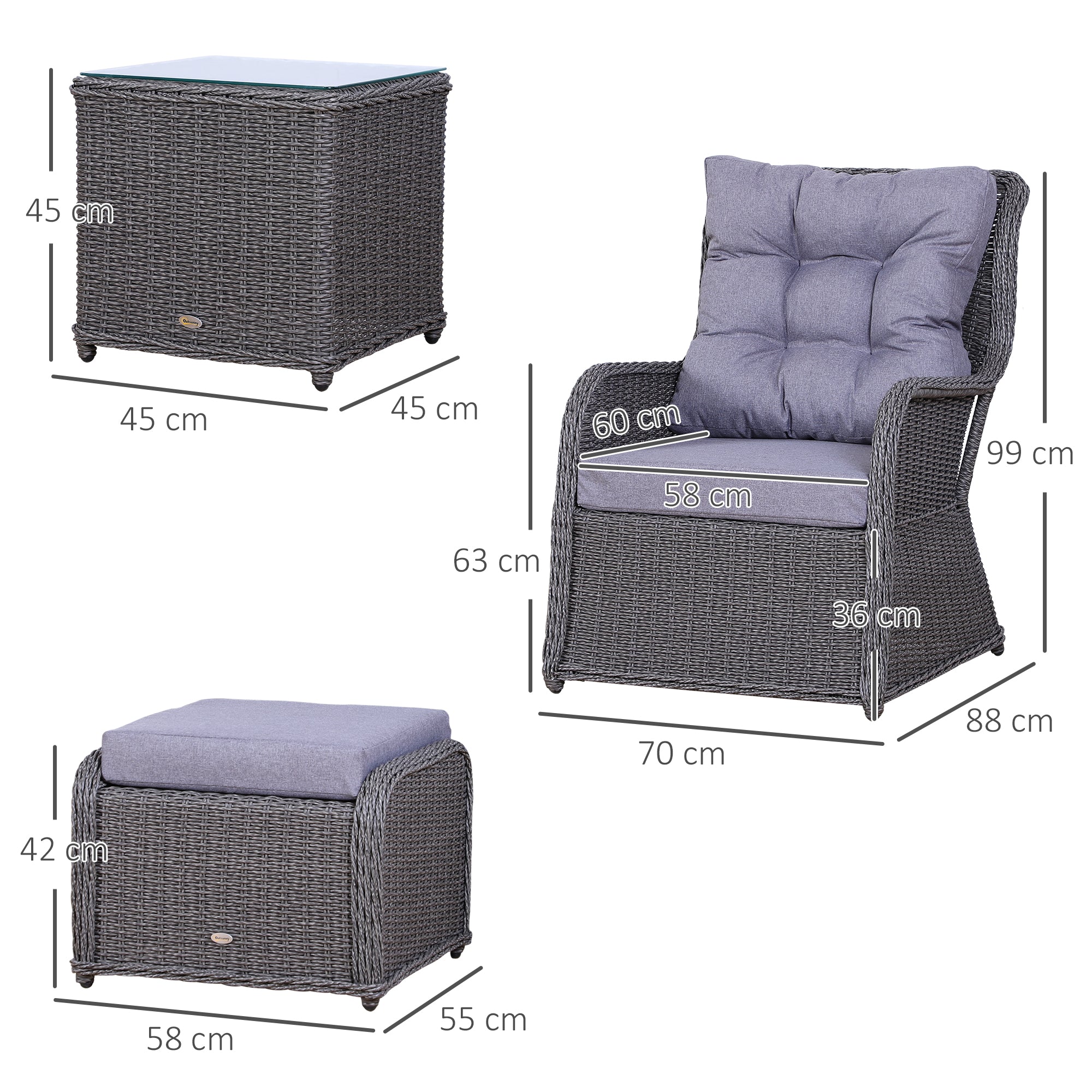 Outsunny 5PCS Deluxe Garden Rattan Furniture Sofa Chair & Stool Table Set  Patio Wicker Weave Furniture Set Aluminium Frame Fully-assembly - Grey 