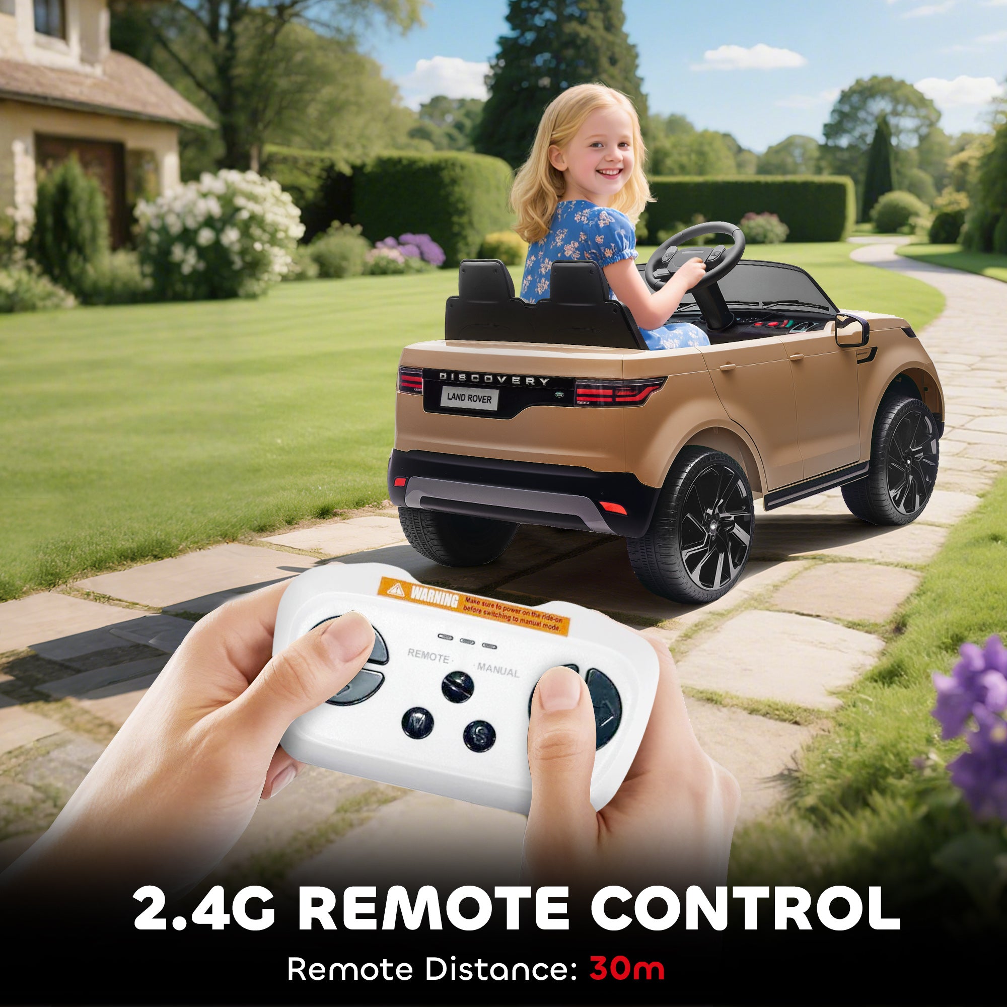 AIYAPLAY Land Rover Discovery Licensed 12V Kids Electric Car with Remote, 4 Wheel Suspension, Slow Start, Lights, Music, Khaki