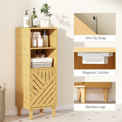 HOMCOM Slim Bathroom Cabinet with Bamboo Door and Legs, Narrow Bathroom Storage Cabinet, Freestanding Storage Cupboard with Open Compartments, 32 x 30 x 90 cm, Natural Wood Finish 