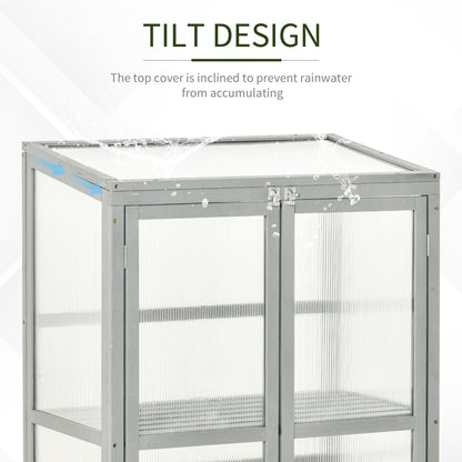 Outsunny Wooden Cold Frame Greenhouse Polycarbonate Garden Grow House for Flower Vegetable Plants with Adjustable Shelf, Double Doors, 76 x 47 x 110cm, Light Grey 