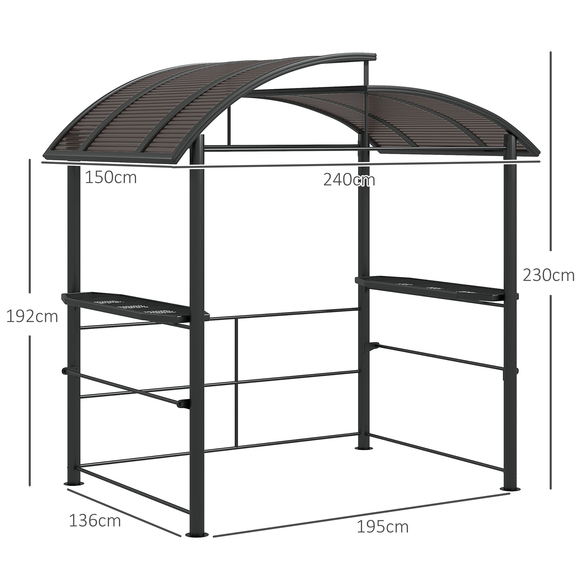 Outsunny 2.4 x 1.5m Outdoor Grill Gazebo with Side Shelves, PC Board Roof, Dark Grey 