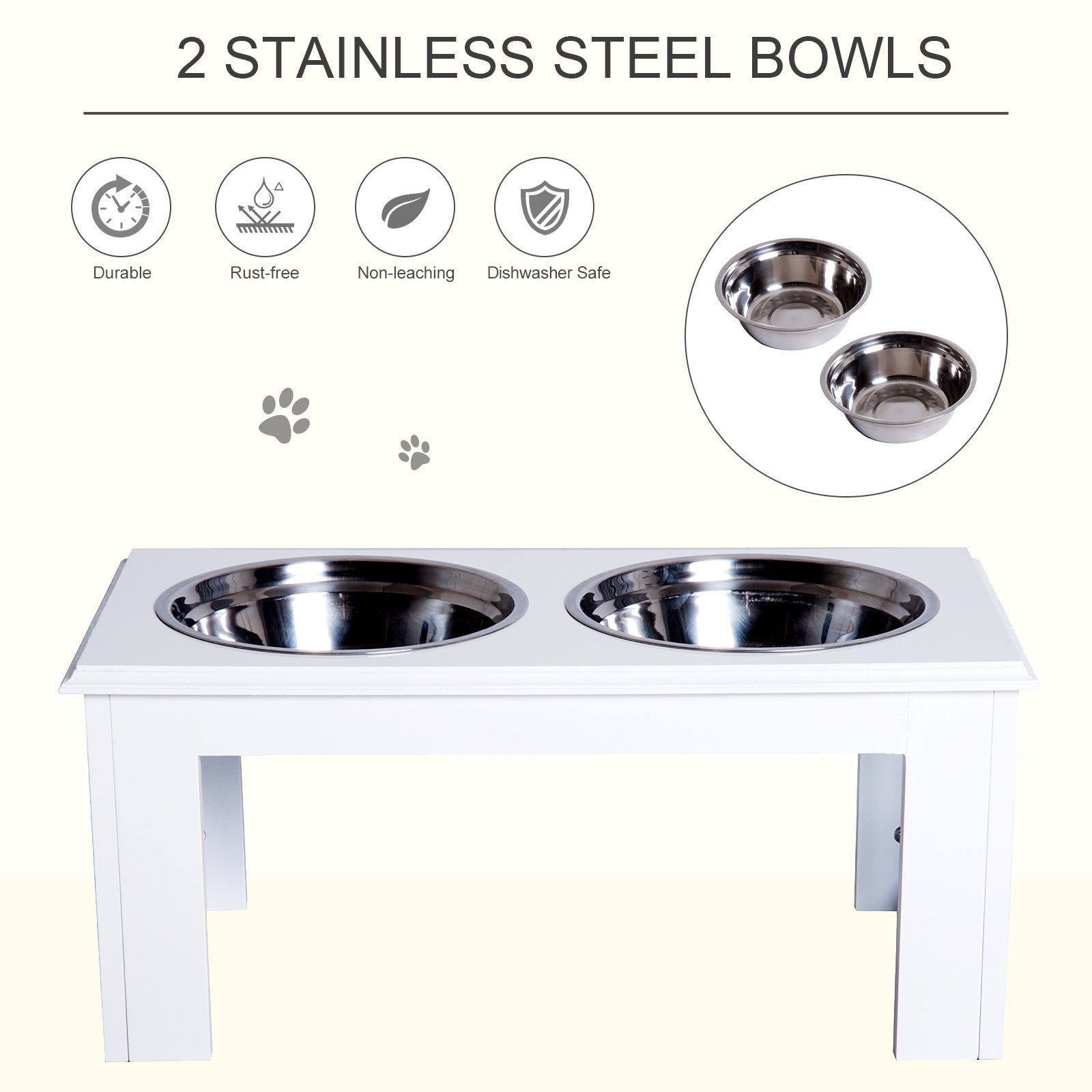 PawHut Raised Dog Feeding Bowls with Stand, Stainless Steel for Medium Dog, 58L x 31W x 25H cm - White 