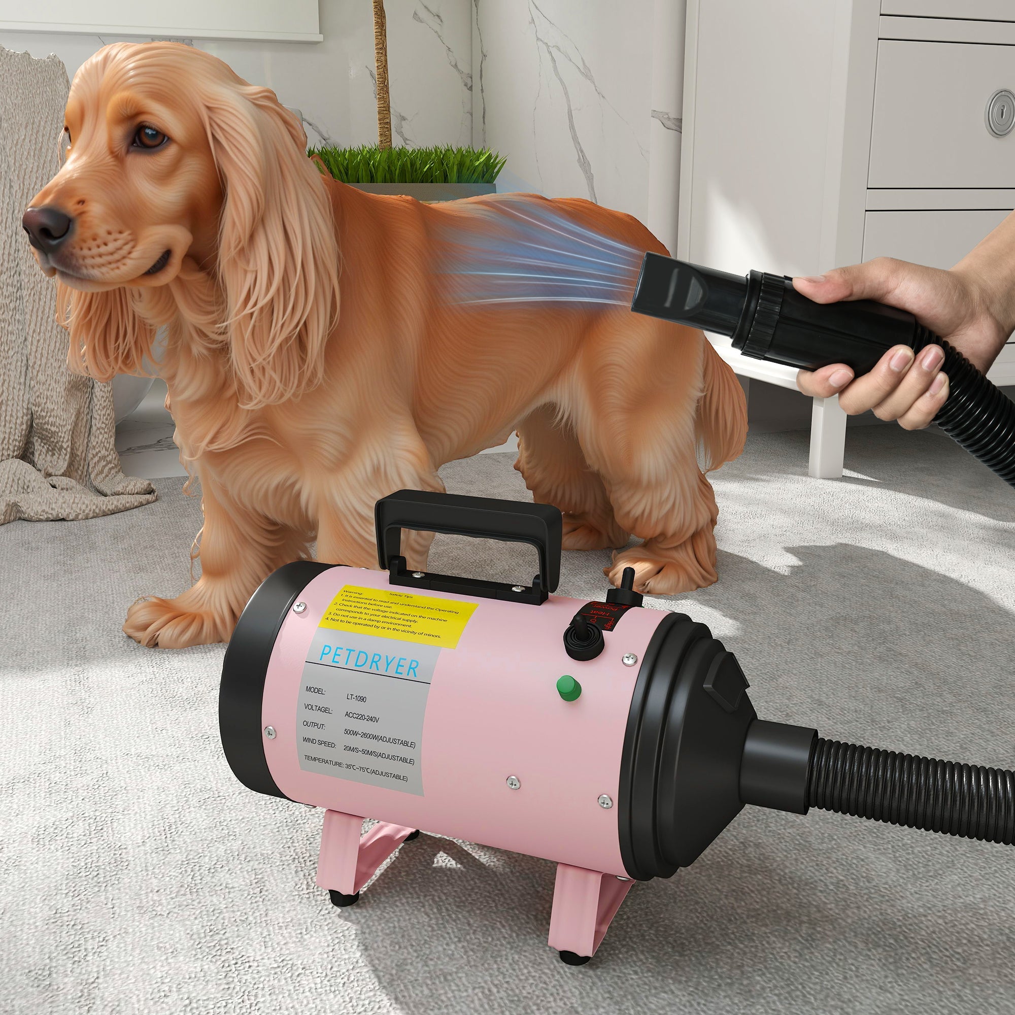PawHut 2200W Dog Hair Dryer with Adjustable Temperature & Velocity, 3 Different Nozzles, Pink 