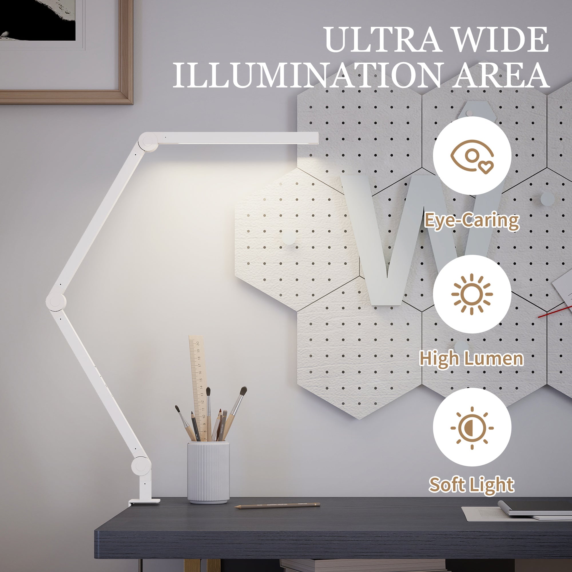 HOMCOM LED Desk Lamp, Dimmable Desk Light with Swing Arm and Clamp, Adjustable Eye-Caring Table Lamp with 2 Colour Modes & 5 Brightness Levels for Study, Drawing, Office, Architect, Task, White 