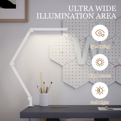 HOMCOM LED Desk Lamp, Dimmable Desk Light with Swing Arm and Clamp, Adjustable Eye-Caring Table Lamp with 2 Colour Modes & 5 Brightness Levels for Study, Drawing, Office, Architect, Task, White 